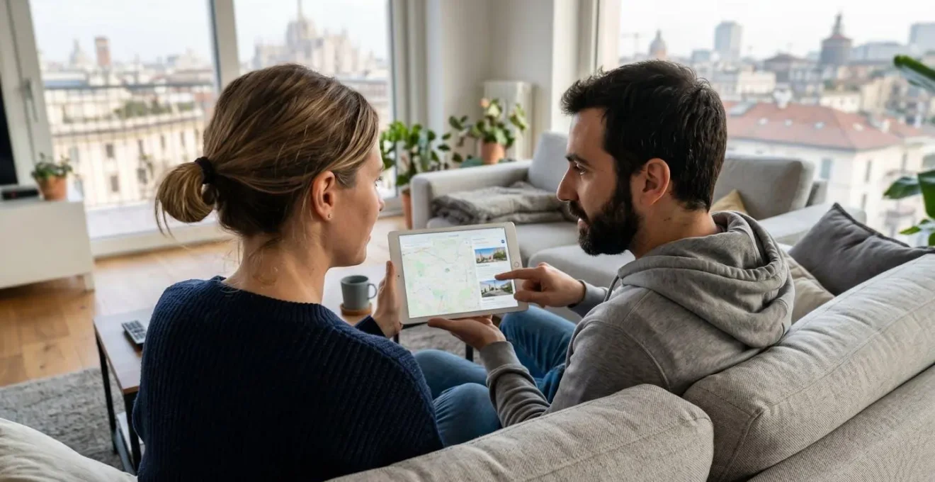 Una coppia sulla trentina seduta su un divano moderno consulta insieme un tablet, con lo skyline sfocato di Milano visibile dalla finestra sullo sfondo