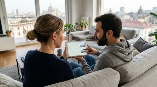 Una coppia sulla trentina seduta su un divano moderno consulta insieme un tablet, con lo skyline sfocato di Milano visibile dalla finestra sullo sfondo