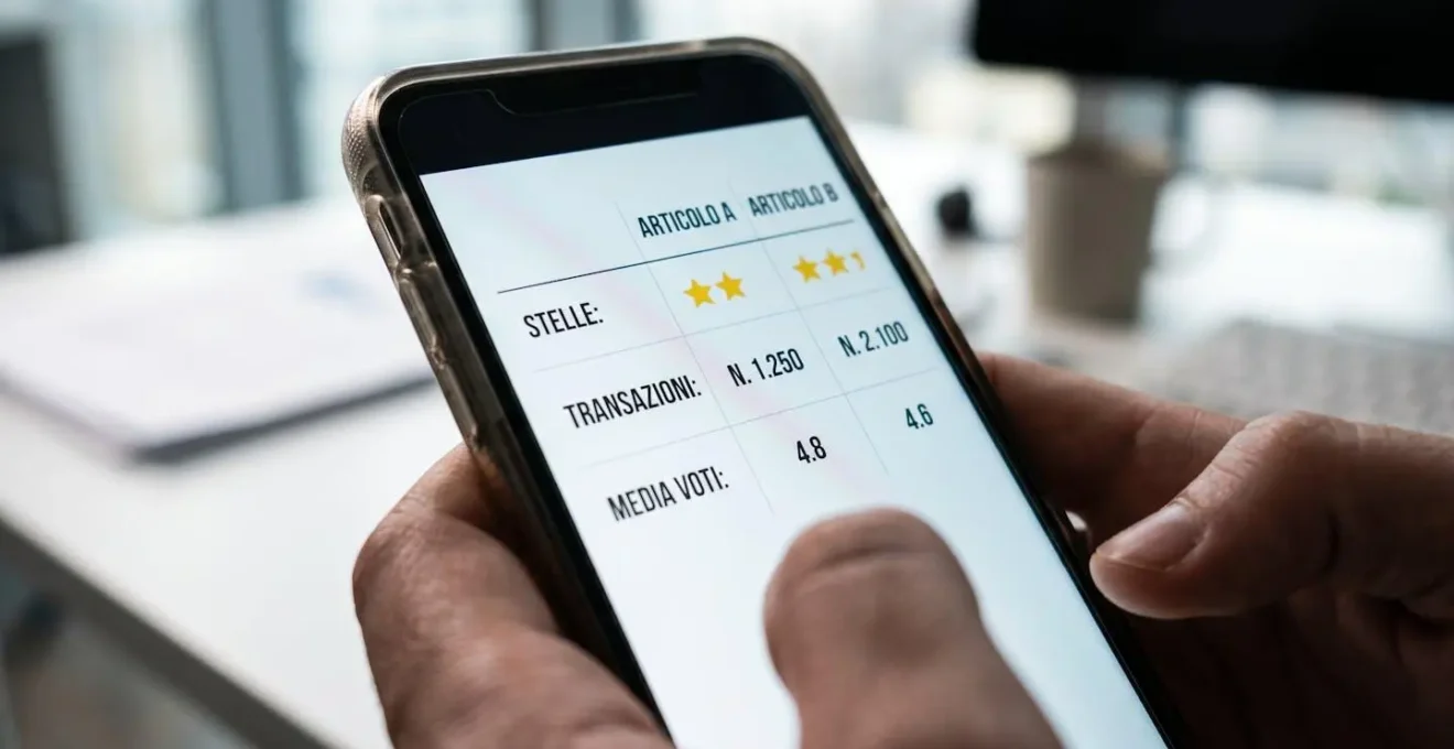 Primo piano ravvicinato di uno schermo di smartphone che mostra una griglia comparativa con stelle di valutazione e numeri di transazioni, mani sfocate sullo sfondo tengono il dispositivo